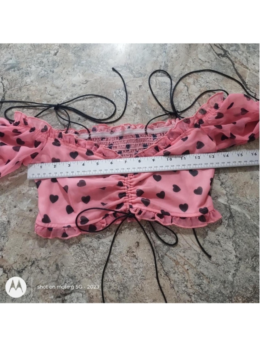 Pink Crop Top Black Hearts Bow Detail Size S - Picture 7 of 8